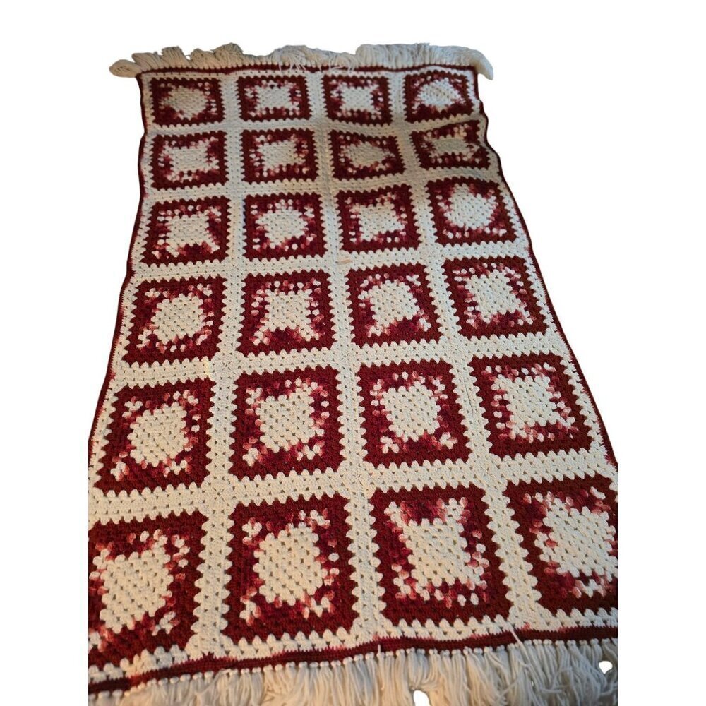 Vintage 70s Handmade Crochet Granny Square Knit Throw Blanket Red Pink